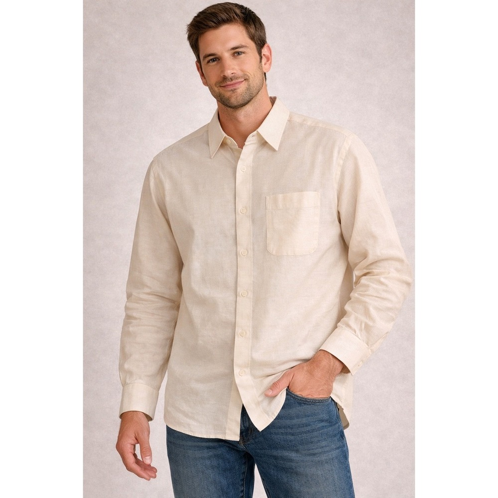 Louis Philippe Mens Pure Silk Button Down‎ Shirt Cream Off White Size 41 CMS